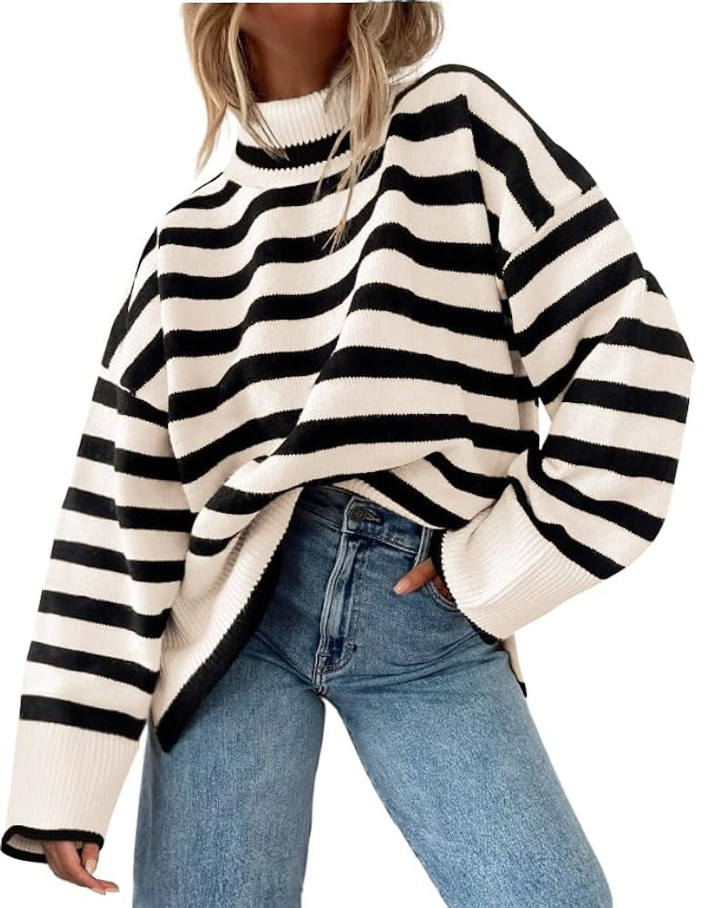 AGSEEM Fall Sweaters for Women Pullover Long Sleeve Turtleneck Striped Cable Knit Side Slit Tops ... | Amazon (US)