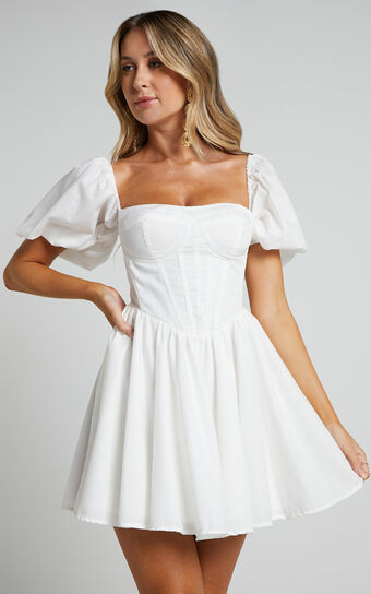 Souza Mini Dress - Fit and Flare Puff Sleeve Corset Dress in White | Showpo (US, UK & Europe)