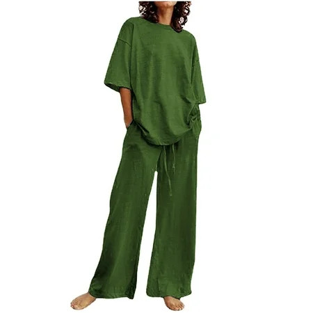 Beach Outfits for Women 2 Piece Travel Outfits for Women Clothing Set Female Round Neck Short Sleeve Tops Pants Sets Trousers Pant Style S_712 Women s Tracksuits Green 3XL | Walmart (US)