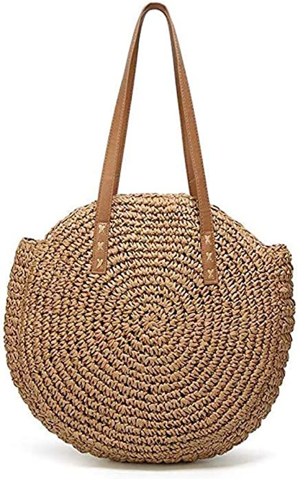 Women's Straw Handbags Large Summer Beach Tote Woven Round Pompom Handle Shoulder Bag | Amazon (US)