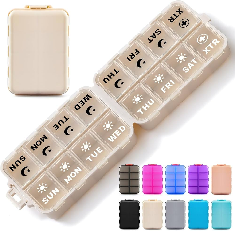 Foldable Weekly Pill Organizer 2 Times a Day with 2 Extra Compartments (Clear Printed Labels) - P... | Amazon (US)