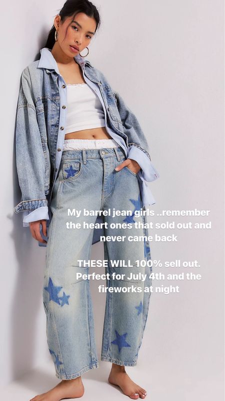 Star barrel jeans!! I get a size 28 and LOVE! Perfect for July 4th too and watching the fire works at night! Def will sell out 

July 4th outfit, barrel jeans, free people outfit 

#LTKSeasonal #LTKFindsUnder100 #LTKStyleTip