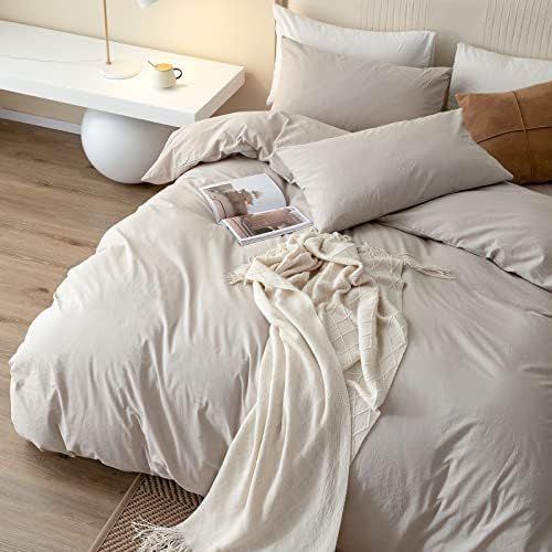 JIYUAN 100% Washed Cotton Duvet Cover Comfy Simple Style Solid Color Soft Breathable Textured Durabl | Amazon (US)