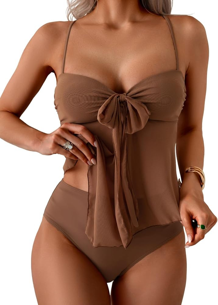 B2prity Womens Mesh Tankini Swimsuits Flowy Two Piece Bathing Suit V Neck Tie Knot Swim Top with ... | Amazon (US)