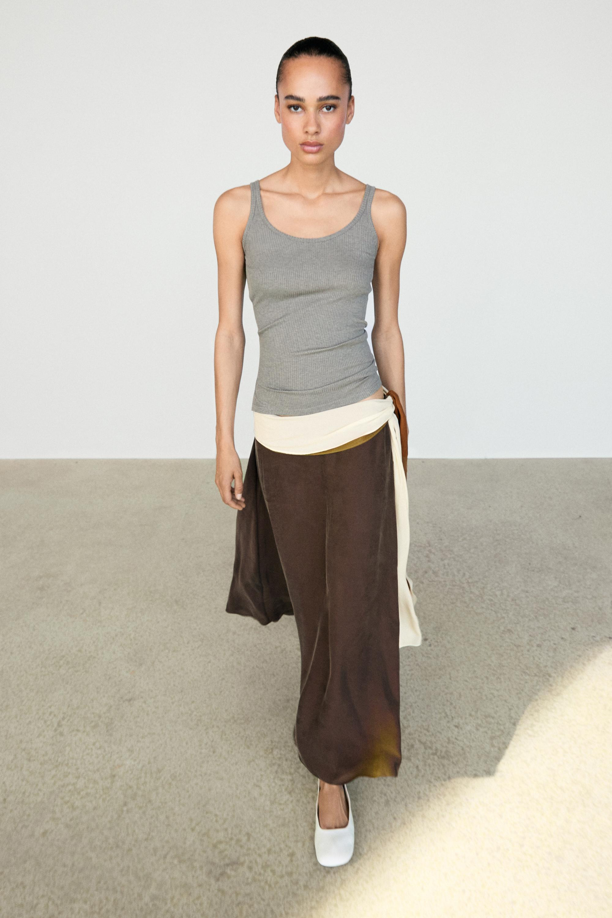 Contrast Ruffle Midi Skirt | Massimo Dutti UK