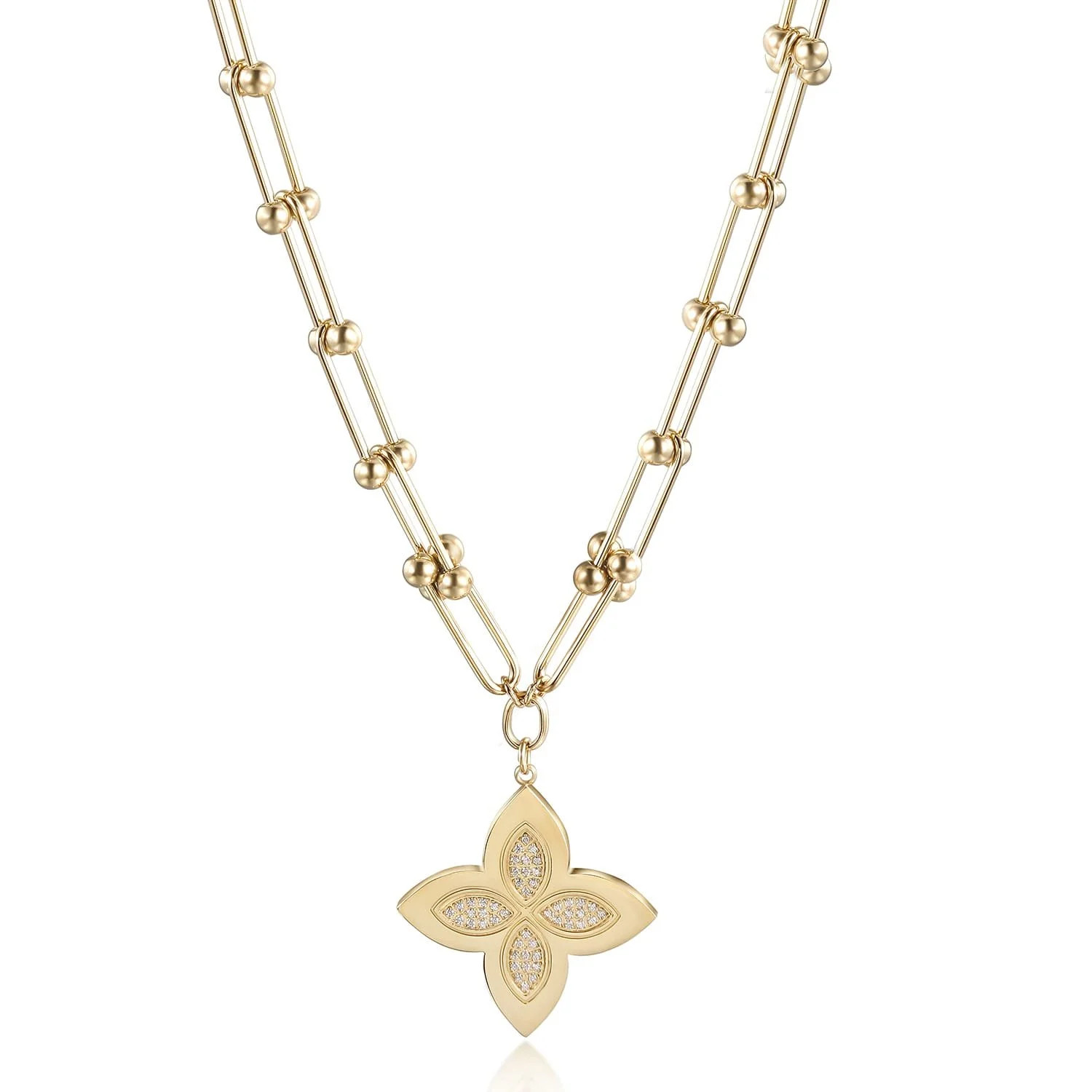 Yellow Gold Open Link Pave Clover Pendant Necklace | LA ENOVESÉ DESIGNS