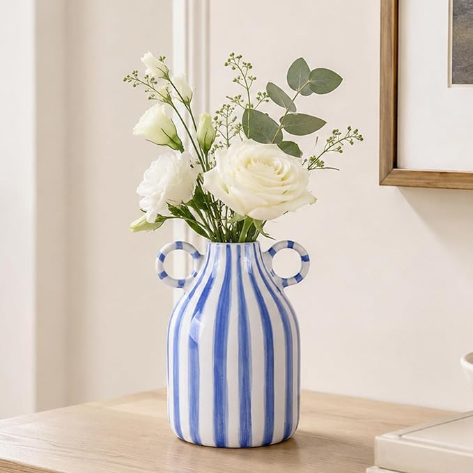 Blue and White Ceramic Vase with Handle, Nordic Boho Small Vases Side Table Flower Centerpiece, W... | Amazon (US)