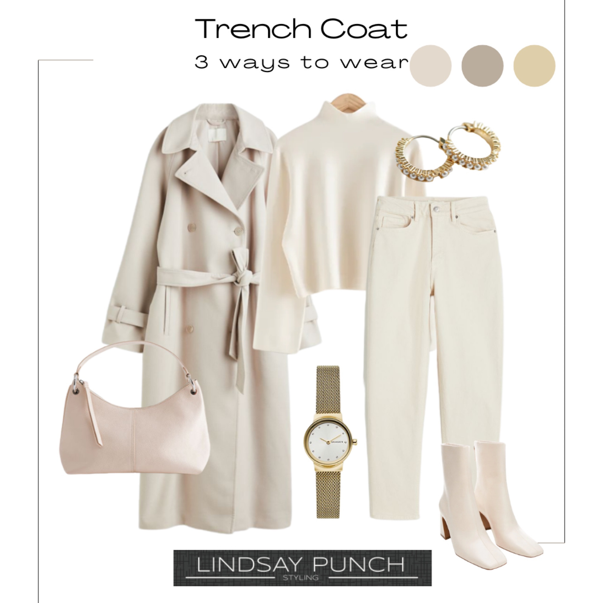 Tench Coat, Spring Outfit, wine whites Capsule Wardrobe, Smart Casual inspiration 
Cream jumper, Cream jeans, Cream coat, All white outfit