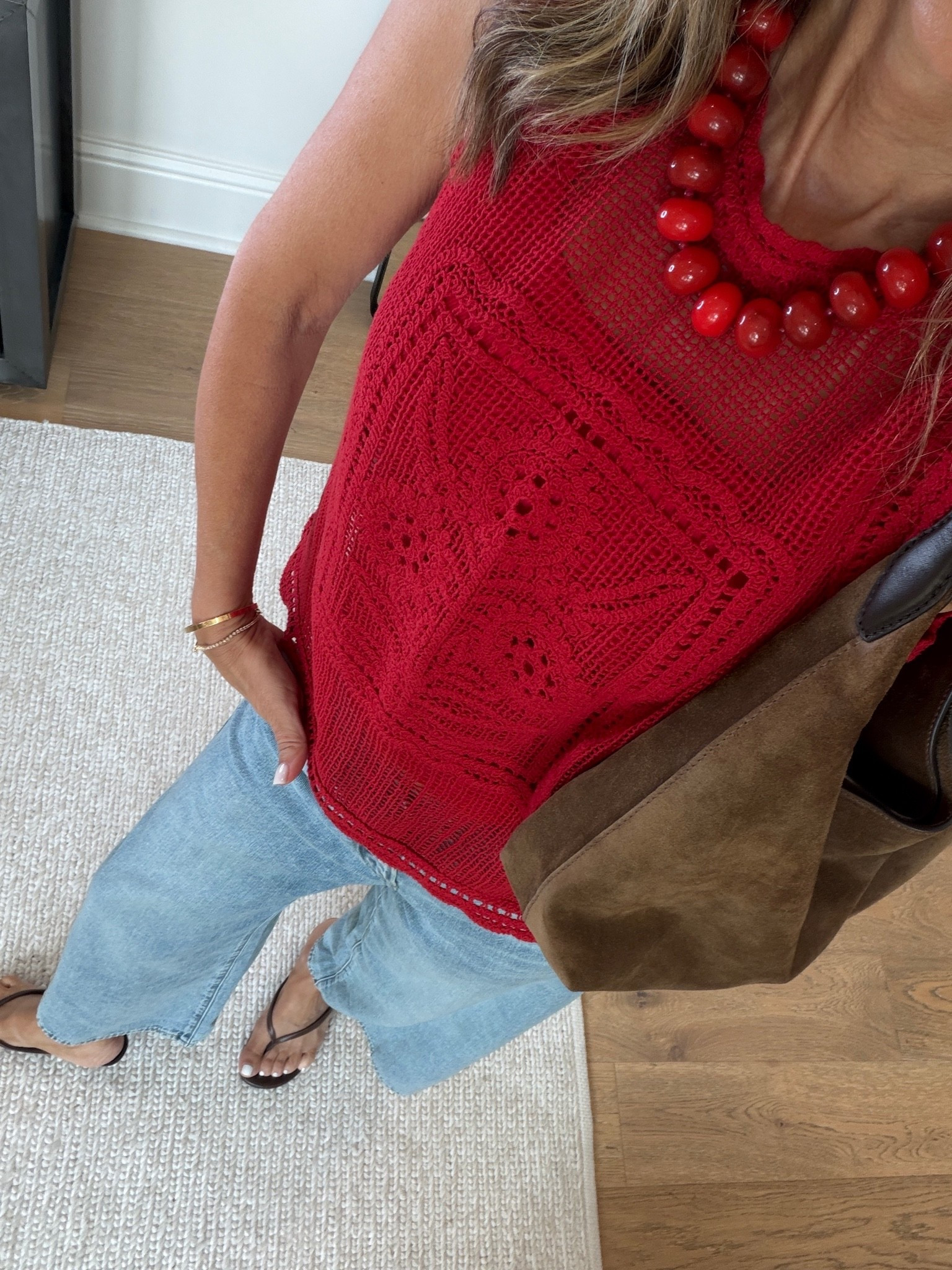 Love red into the fall! This too is a favorite! @jcrew 
-jeans are lightweight and fit like a dream! @levi  I’m 5’6”
-bag is on the #nsale! Love the size

#LTKootd #LTKOver40 #LTKSeasonal