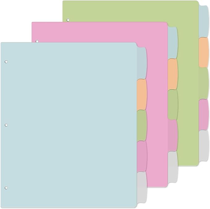 Jyusmile 3 Set 5-Tabs Binder Dividers, Index Dividers for 3 Ring Binder, Pastel Colors Plastic Di... | Amazon (US)