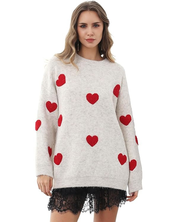 CHICWISH Women Fuzzy Hearts Knit Sweater Long Sleeve Round Neck Valentine's Day Party Loose Soft ... | Amazon (US)