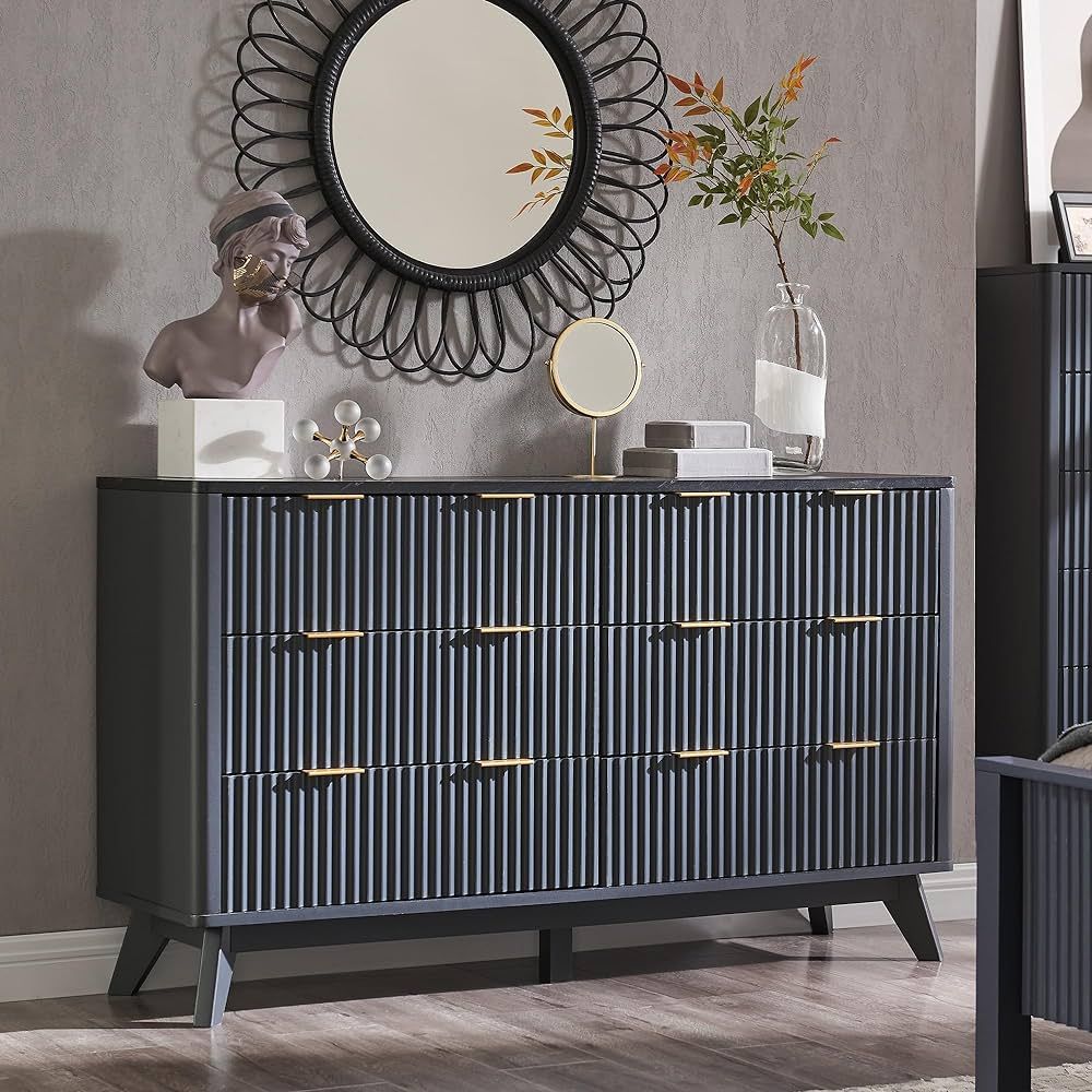 T4TREAM Fluted 6 Drawers Dresser, 54" Wide Modern Chest of Drawers with Faux Marble Top, Curved P... | Amazon (US)