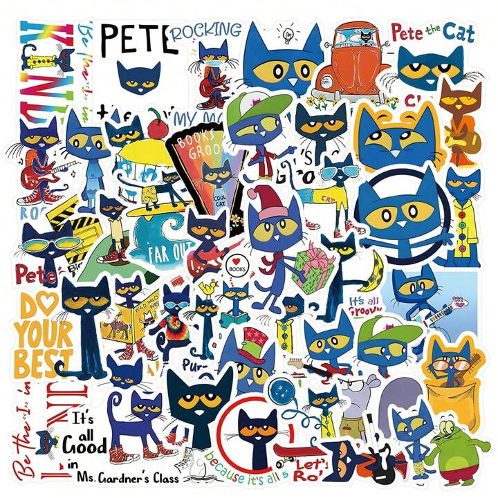 50pcs Pete The Cat Stickers, Cute Cartoon Graffiti Vinyl Waterproof Sticker Suitable For Water Bo... | SHEIN
