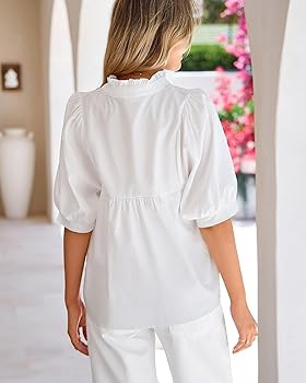 SimpleFun Puff Sleeve Blouses for Women Dressy Casual High Ruffle V Neck Babydoll Peplum Tops Sum... | Amazon (US)