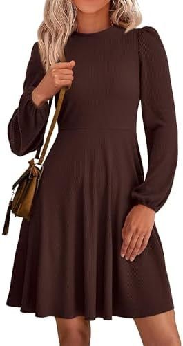 PRETTYGARDEN Womens A Line Long Sleeve Mini Dress | Soft Stretchy Ribbed Knit, Crew Neck High Wai... | Amazon (US)