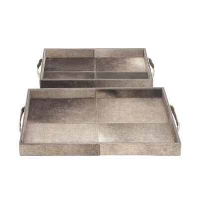 Arabella Leather Gray Wooden Handmade Cowhide Living Room Decor Tray with Slot Handles, Set of 2 | Wayfair North America