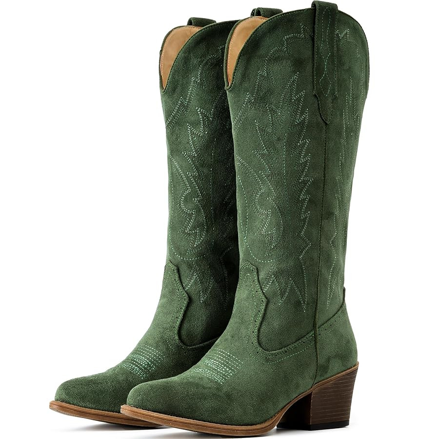 IUV Suede Cowboy Boots For Women Chunky Heel Pointed Toe Cowgirl Boots Mid Calf Western Embroider... | Amazon (US)
