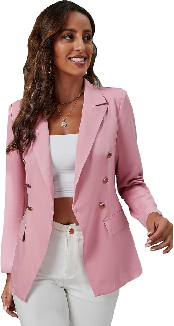 MakeMeChic Women's Lapel Collar Long Sleeve Double Button Work Office Blazer Jackets | Amazon (US)
