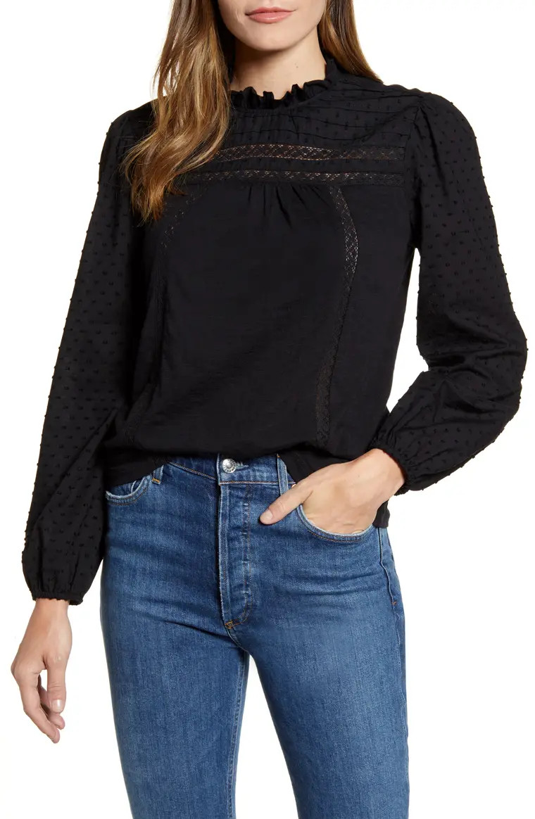 Pintuck Lace Detail Long Sleeve Cotton Blouse | Nordstrom