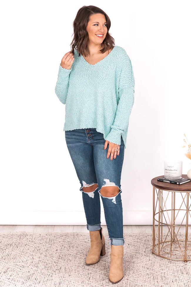 Exact Promise Blue Popcorn V-neck Sweater | The Pink Lily Boutique