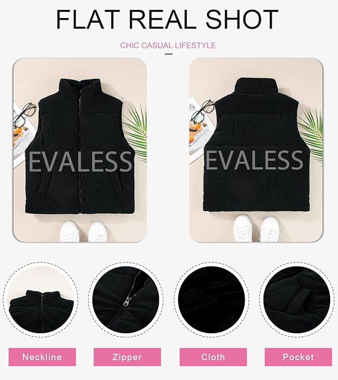 EVALESS Corduroy Cropped Puffer Vest for Women Lightweight Stand Collar Sleeveless Jackets Zip Up... | Amazon (US)