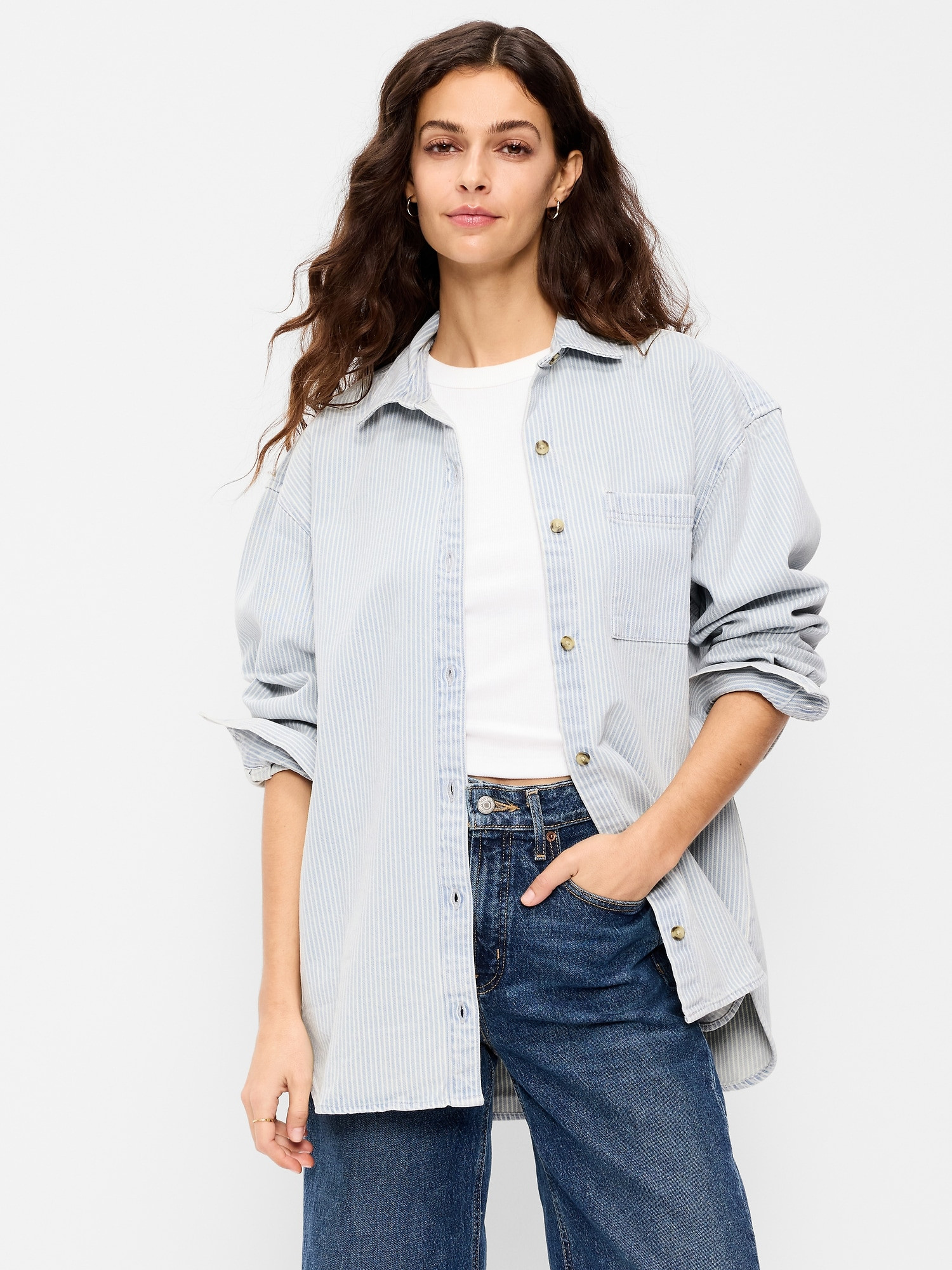 Oversized Boyfriend Button-Down Jean Shirt | Old Navy (US)