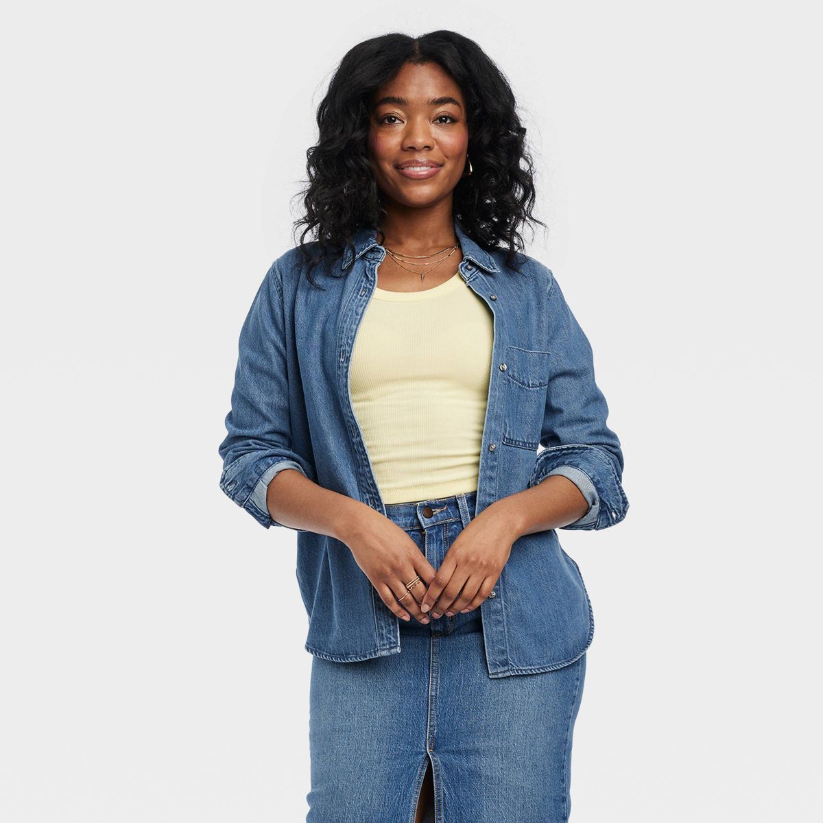 Women's Relaxed Denim Button-Down Shirt - Universal Thread™ Medium Wash L | Target