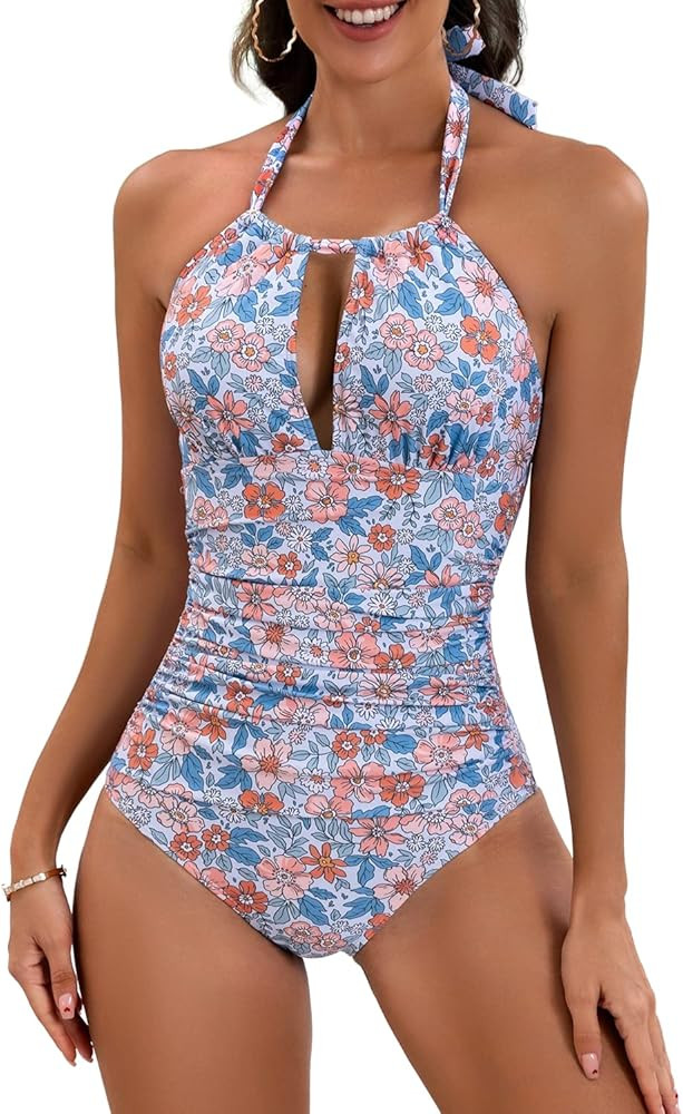 Eomenie Women's One Piece Swimsuits Tummy Control Halter Slimming Bathing Suit Plunge 1 Piece Swi... | Amazon (US)
