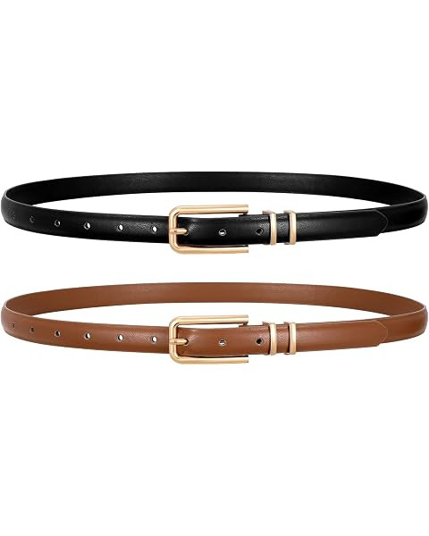 Women Skinny Leather Belt Thin Waist Belt for Women Jeans Dress Fashion Ladies Belt with Gold Buc... | Amazon (US)