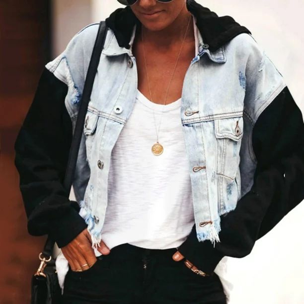 OKBOP Denim Jacket for Women,Women Casual Fashion Denim Jacket Long Jean Coat Hooded Outwear Over... | Walmart (US)