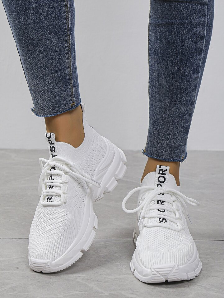 Women's White Sports Running Shoes With Letter Print And Tape Decoration | SHEIN