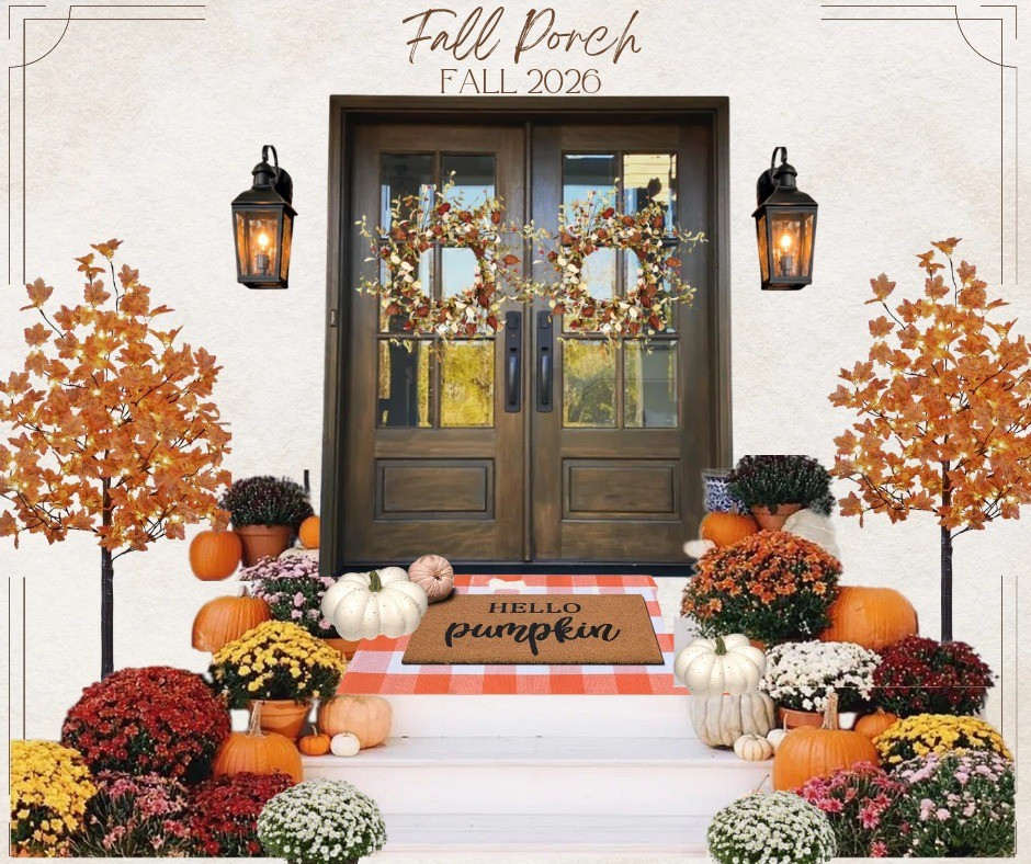 Fall front porch| Fall mums| faux Fall trees| Fall wreaths| white pumpkins| Orange pumpkins

#LTKSeasonal