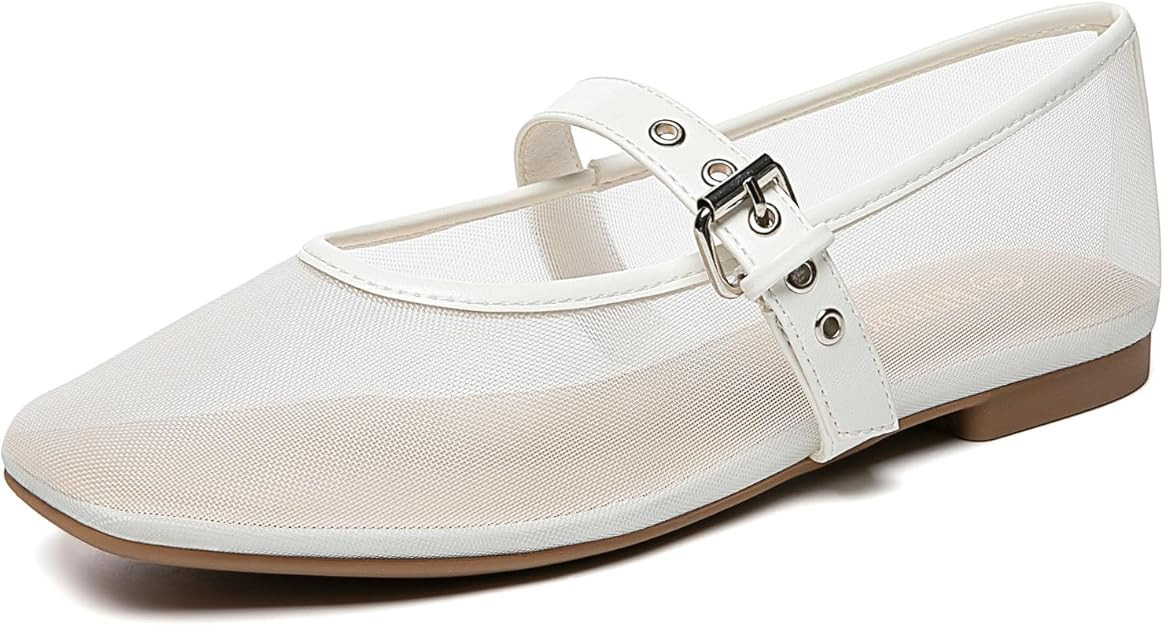 Rihero Mesh Ballet Flats for Women Square Toe Buckle Strap Mary Jane Flats Comfortable Casual Bal... | Amazon (US)