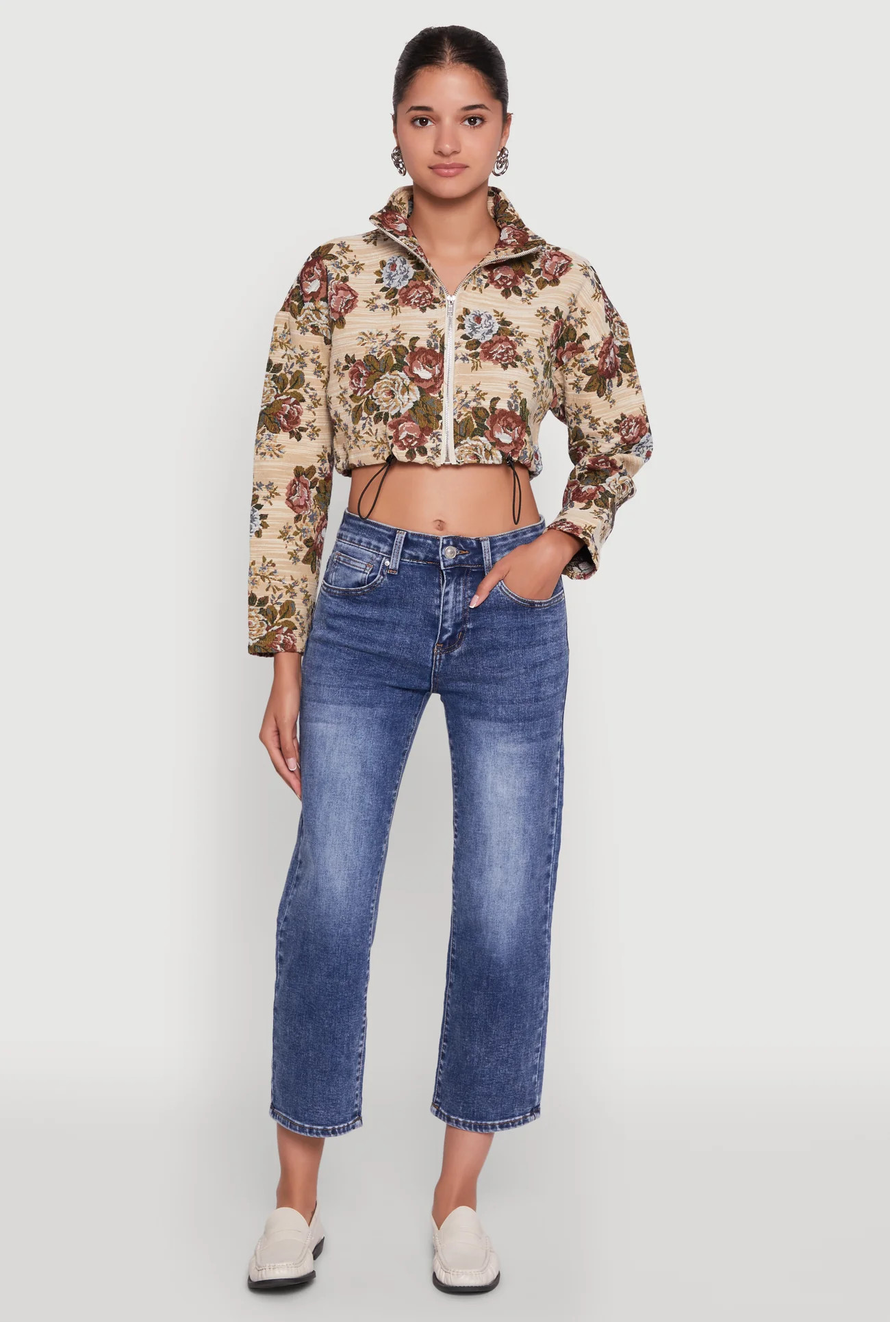 Daisy Patterned Jacquard Cropped Jacket | Rainbow Shops