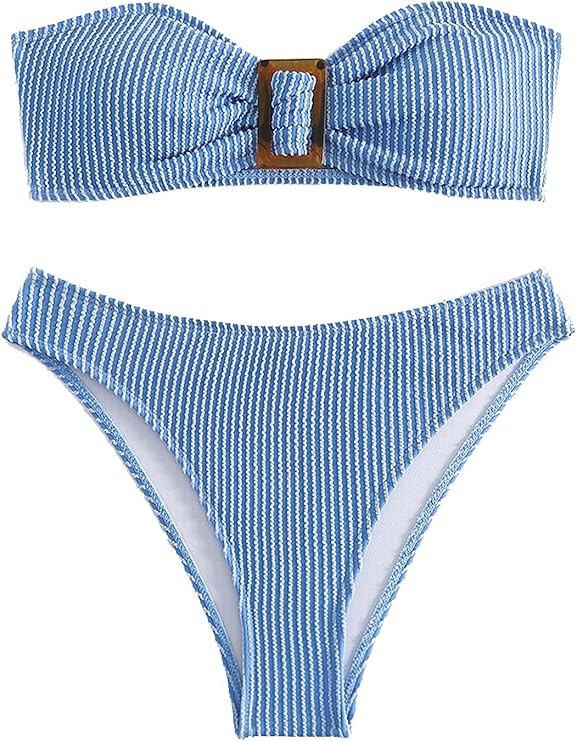 GORGLITTER Women's 2 Piece Strapless Swimsuit Striped Bandeau High Waisted Thong Bikini Set Bathi... | Amazon (US)