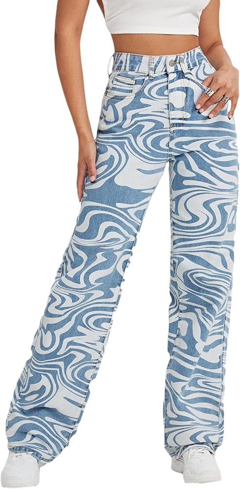 Floerns Women's High Waist Print Pants Y2K Print Wide Leg Denim Jeans | Amazon (US)