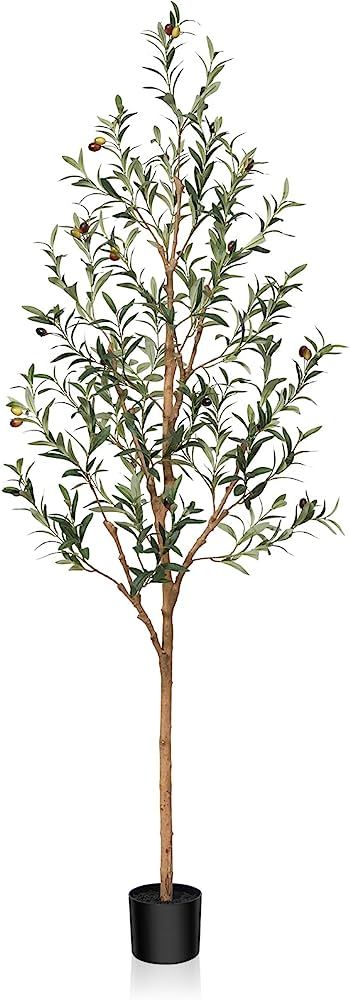 Artificial Olive Tree, 6FT Tall Faux Silk Plant with Natural Wood Trunk and Lifelike Fruits for H... | Amazon (US)