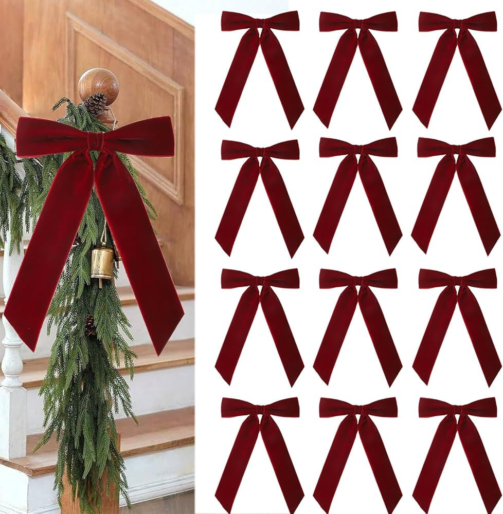 12pcs Christmas Bow Ornament 6.7x9.4 Inch Velvet Wreath Bows Xmas Tree Topper Ribbon Hanging Bows... | Amazon (US)