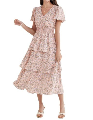 GRACE KARIN Women's 2025 Summer Midi Dress Casual Short Sleeve V Neck Ruffle Layered Tiered A Line Flowy Dresses Orange Floral XL | Amazon (US)