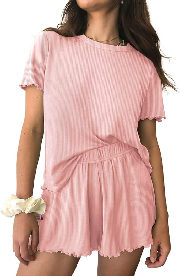 Ekouaer Womens Pajamas 2 Piece Ribbed Knit Pjs Short Sleeve Sleepwear Set Summer Soft Pajamas Set... | Amazon (US)
