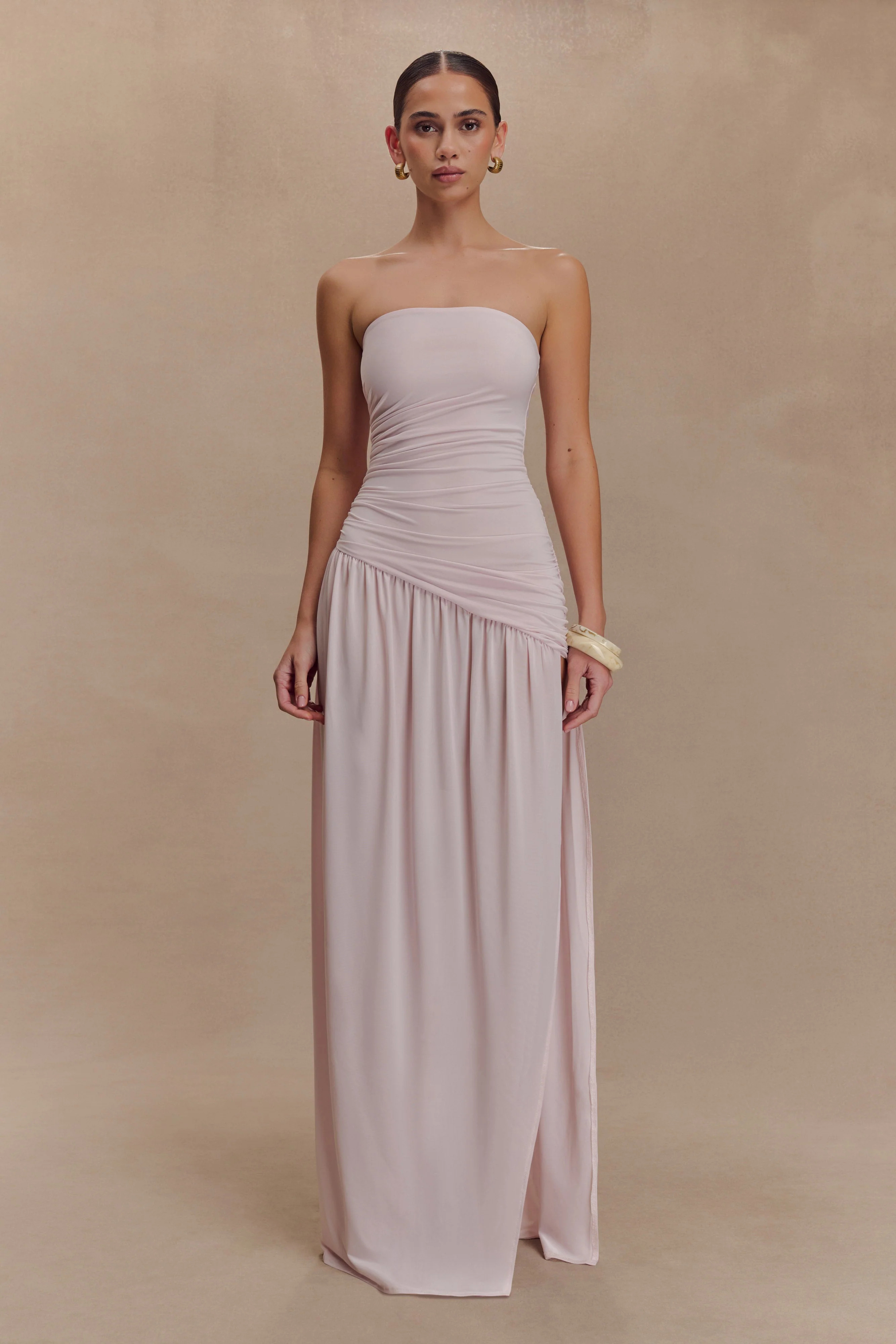 Strapless Slinky Maxi Dress With Split - Pale Pink | MESHKI US