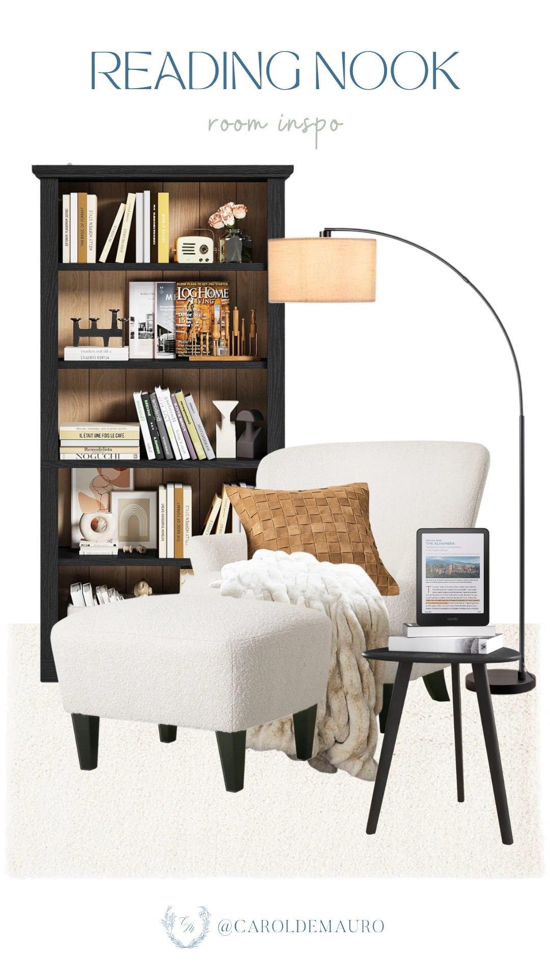 Now's the time to get cozy while reading your favorite book! Add a reading nook in your home with a minimalist bookcase, a boucle chair and ottoman set, a floor lamp, an accent table, and a cozy blanket and throw pillow.

secondary seating, reading corner, book lover, home library, aesthetic furniture, cozy vibes, interior design, neutral home

#LTKHome #LTKSeasonal #LTKU