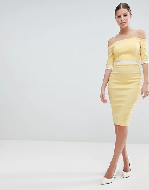 Vesper Bardot Pencil Dress With Contrast Waistband | ASOS US
