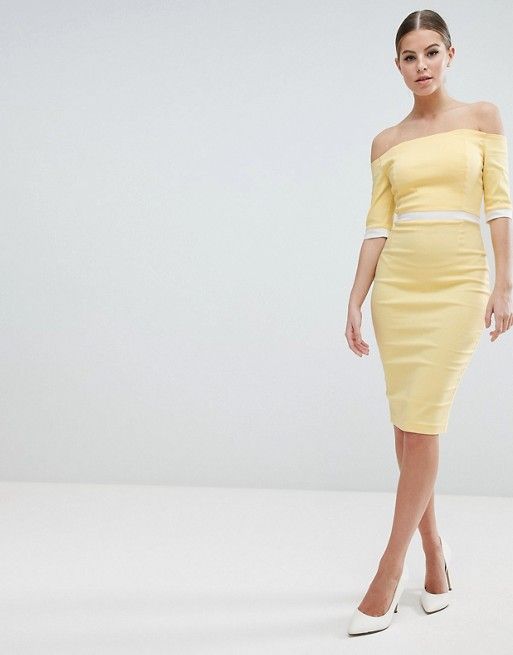 Vesper Bardot Pencil Dress With Contrast Waistband | ASOS US