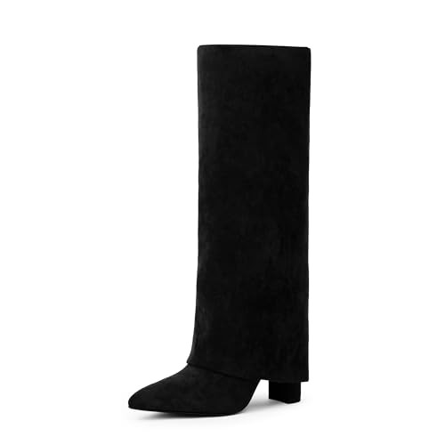 Modatope Black Shark Womens Boots Chunky Heel Fold Over Knee High Boots Pointed Toe Dress Boots Fashion Black Suede Tall Boots Zipper Long Shark Boots Size 9 | Amazon (US)