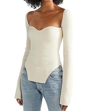 ACOSAP Women's Square Neck Ribbed Knitted Sweater Long Sleeve Crop Slim Fitted Basic Pullover Top... | Amazon (US)