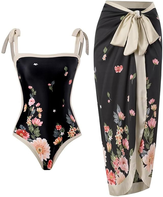 One Piece Bathing Suit for Women with Beach Cover up Wrap Skirt Swimsuit Sarong Retro Floral Prin... | Amazon (US)