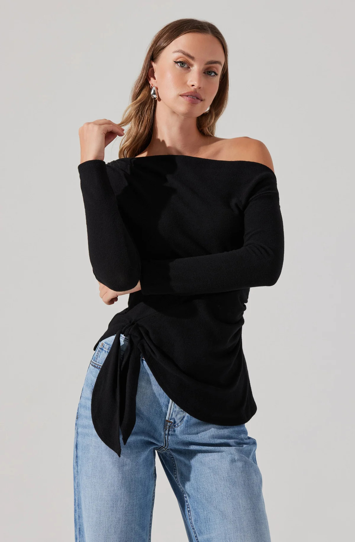 Asymmetrical Off Shoulder Tie Knit Top | ASTR The Label (US)