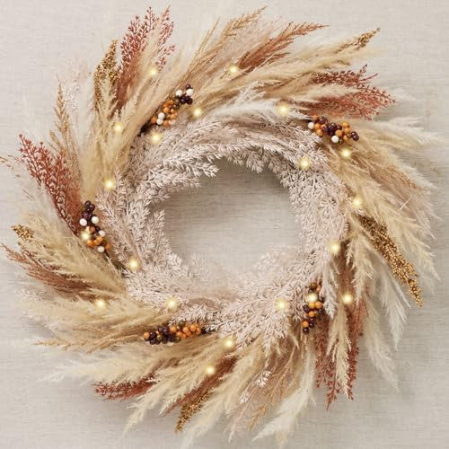 DecorbyHannah Fall Wreaths for Front Door, 24 Inch Collapsible Pre-lit Artificial Faux Pampass Grass Fall Door Wreaths for Outside Porch, Boho Neutral Wall Door Decorations for Home Indoor Outdoor | Amazon (US)