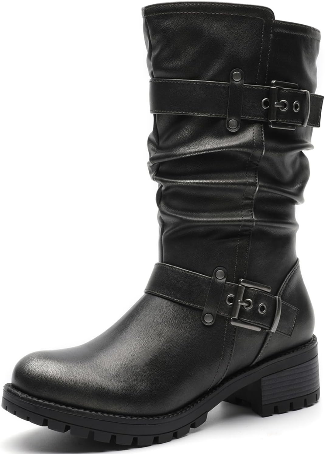 GLOBALWIN Women's Mid Calf Moto Boots With Buckle Straps | Amazon (US)